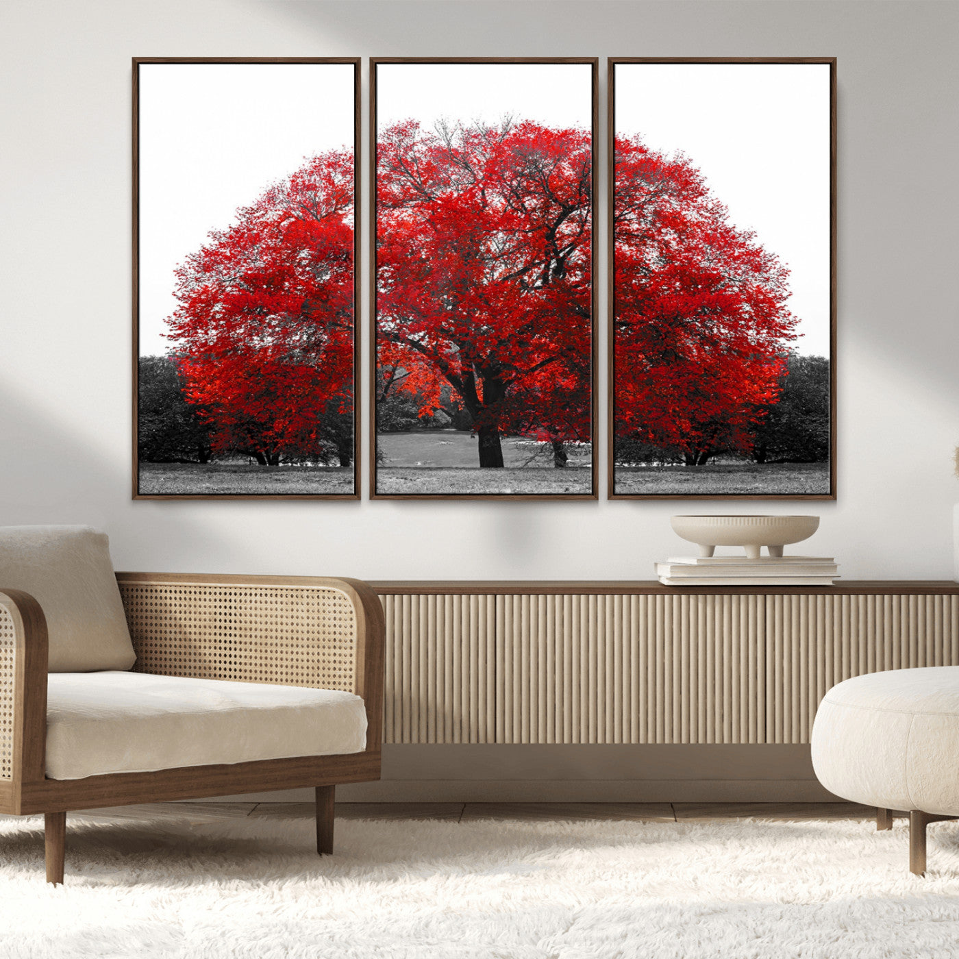 80021-MGV-CV-36X24-Red Tree Wall Art – Striking Black and White Landscape Canvas Print with Vibrant Red Leaves, Modern Nature Decor for Living Room