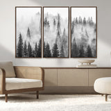10422-MGV-CV-36X24-Misty Pine Forest Wall Art – Black and White Foggy Landscape Canvas Print, Serene Nature Woodland Decor for Bedroom, Office or