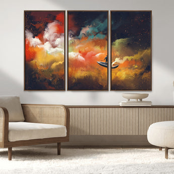 45085-MGV-CV-36X24-Surreal Cosmic Wall Art – Abstract Galaxy Dreamscape Canvas Print with Man and Dog in Boat, Fantasy Nebula Painting for Living