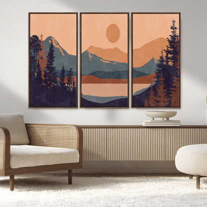 62795-MGV-CV-36X24-Minimalist Mountain Landscape Wall Art – Abstract Sunset Over Peaks and Pine Trees Canvas Print, Modern Nature Decor for Living