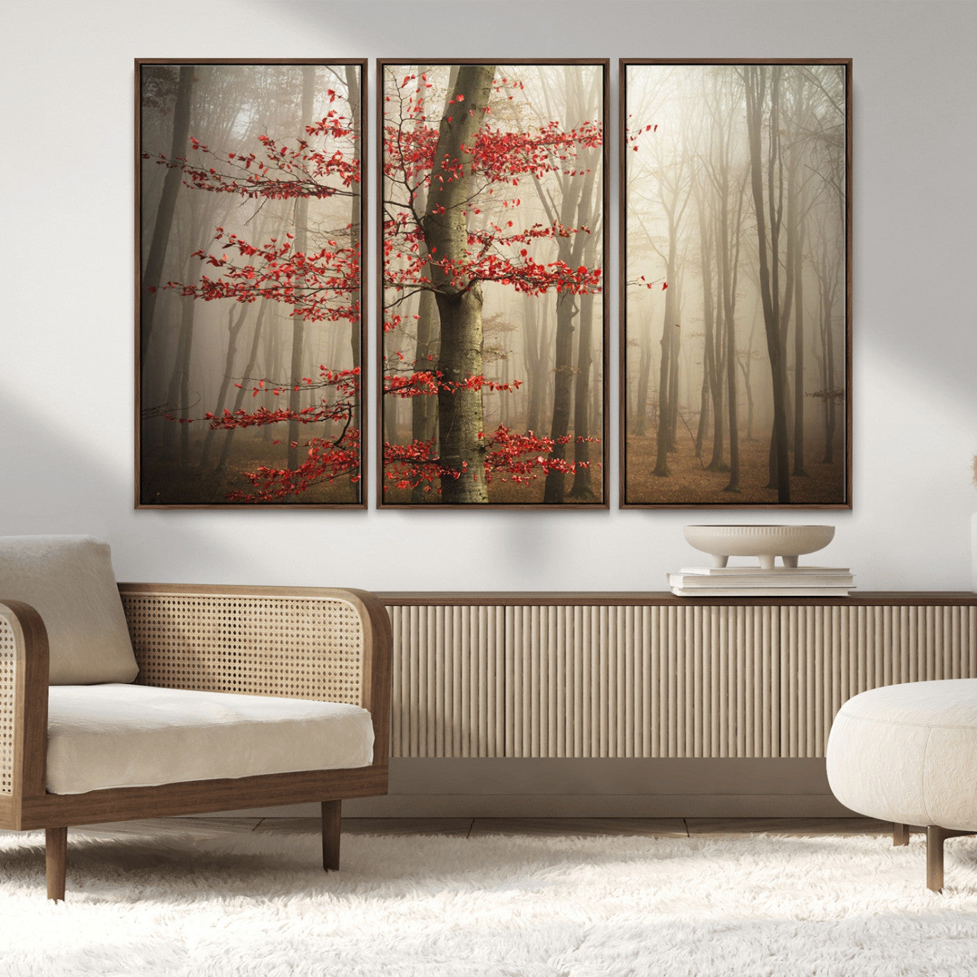 61855-MGV-FC-48X32-3P_Walnut-Misty Forest Wall Art – Red Tree with Autumn Leaves Canvas Print, Moody Woodland Nature Decor for Living Room, Bedroom, or Office