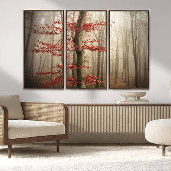 61855-MGV-FC-48X32-3P_Walnut-Misty Forest Wall Art – Red Tree with Autumn Leaves Canvas Print, Moody Woodland Nature Decor for Living Room, Bedroom, or Office