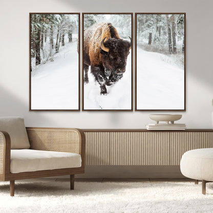 84699-MGV-FC-48X32-3P_Walnut-Bison in Winter Wall Art – Majestic Buffalo Canvas Print with Snowy Forest Landscape, Rustic Wildlife Artwork for Cabin, Living