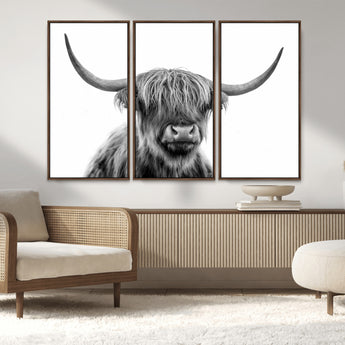 10123-MGV-CV-36X24-Black and White Highland Cow Wall Art – Modern Farmhouse Animal Print, Rustic Scottish Bull Canvas Decor for Living Room, Bedroom,