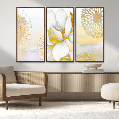 82301-MGV-FC-48X32-3P_Walnut-Modern Floral Wall Art – White Flower with Gold Detailing Canvas Print, Elegant Abstract Artwork for Living Room, Bedroom, or