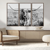 77320-MGV-CV-36X24-Texas Longhorn Wall Art – Black and White Western Cattle Canvas Print, Rustic Farmhouse Animal Photography Decor for Living Room,