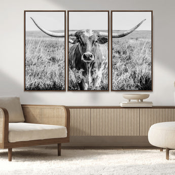77320-MGV-CV-36X24-Texas Longhorn Wall Art – Black and White Western Cattle Canvas Print, Rustic Farmhouse Animal Photography Decor for Living Room,