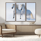 80145-MGV-CV-36X24-White Horses Running Snow Wall Art – Majestic Equine Canvas Print, Winter Nature Photography Decor for Living Room, Office,