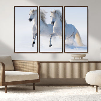 80145-MGV-CV-36X24-White Horses Running Snow Wall Art – Majestic Equine Canvas Print, Winter Nature Photography Decor for Living Room, Office,
