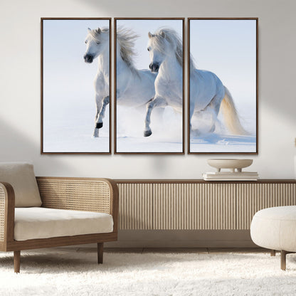 80145-MGV-CV-36X24-White Horses Running Snow Wall Art – Majestic Equine Canvas Print, Winter Nature Photography Decor for Living Room, Office,