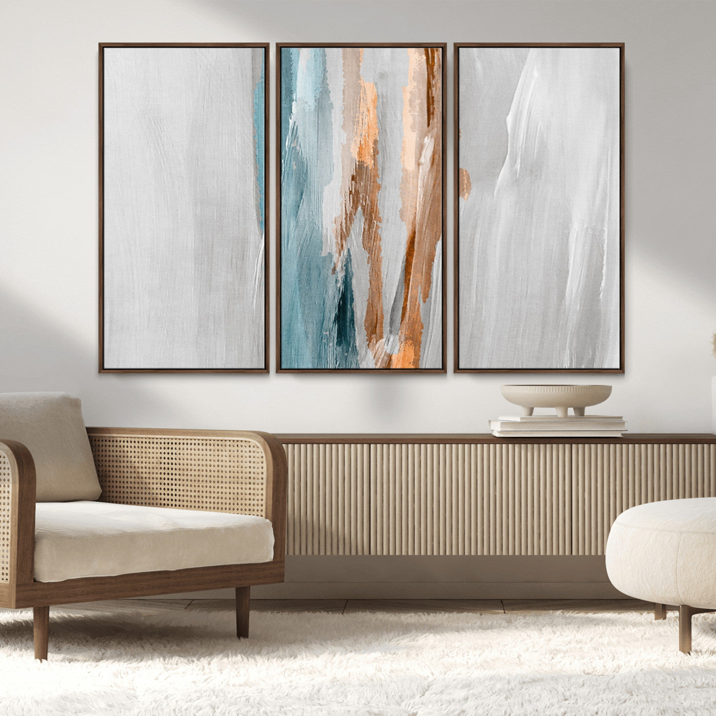 66154-MGV-FC-48X32-3P_Walnut-Abstract Brushstroke Wall Art – Modern Teal and Gold Canvas Print, Minimalist Contemporary Painting for Living Room, Bedroom, or