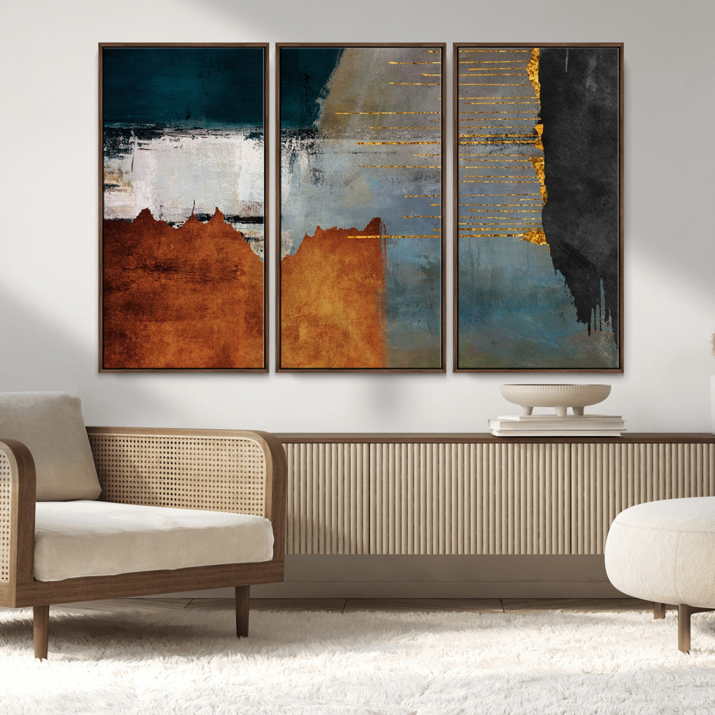 35026-MGV-CV-36X24-Abstract Canvas Wall Art – Modern Teal, Rust, Black and Gold Textured Painting, Contemporary Decor for Living Room, Bedroom or