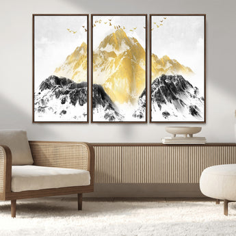 37733-MGV-CV-36X24-Golden Mountain Wall Art – Modern Abstract Landscape Canvas Print with Birds, Luxury Nature Decor for Living Room, Bedroom, or