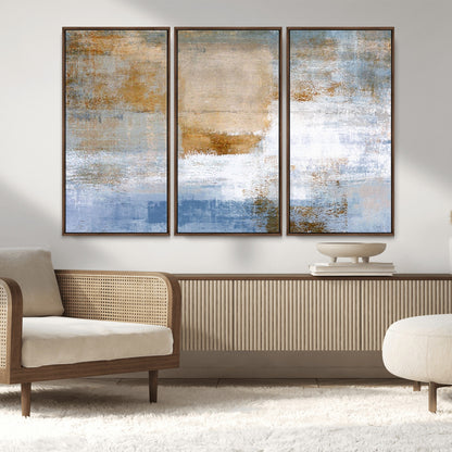 72354-MGV-FC-48X32-3P_Walnut-Blue and Gold Abstract Wall Art – Modern Minimalist Canvas Print, Textured Contemporary Painting for Living Room, Bedroom, or