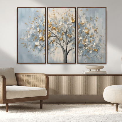 65811-MGV-CV-36X24-Abstract Tree Wall Art – Textured Canvas Painting with Gold and White Leaves, Modern Nature Inspired Decor for Living Room or