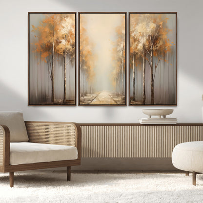 95004-MGV-FC-48X32-3P_Walnut-Autumn Forest Path Wall Art – Hand Painted Canvas Print with Golden Trees, Modern Nature Landscape Decor for Living Room, Bedroom