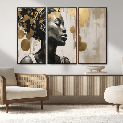 65669-MGV-FC-48X32-3P_Walnut-Elegant Black Woman Wall Art – Modern Abstract Portrait Canvas with Gold Accents, Contemporary Afrocentric Decor for Living Room
