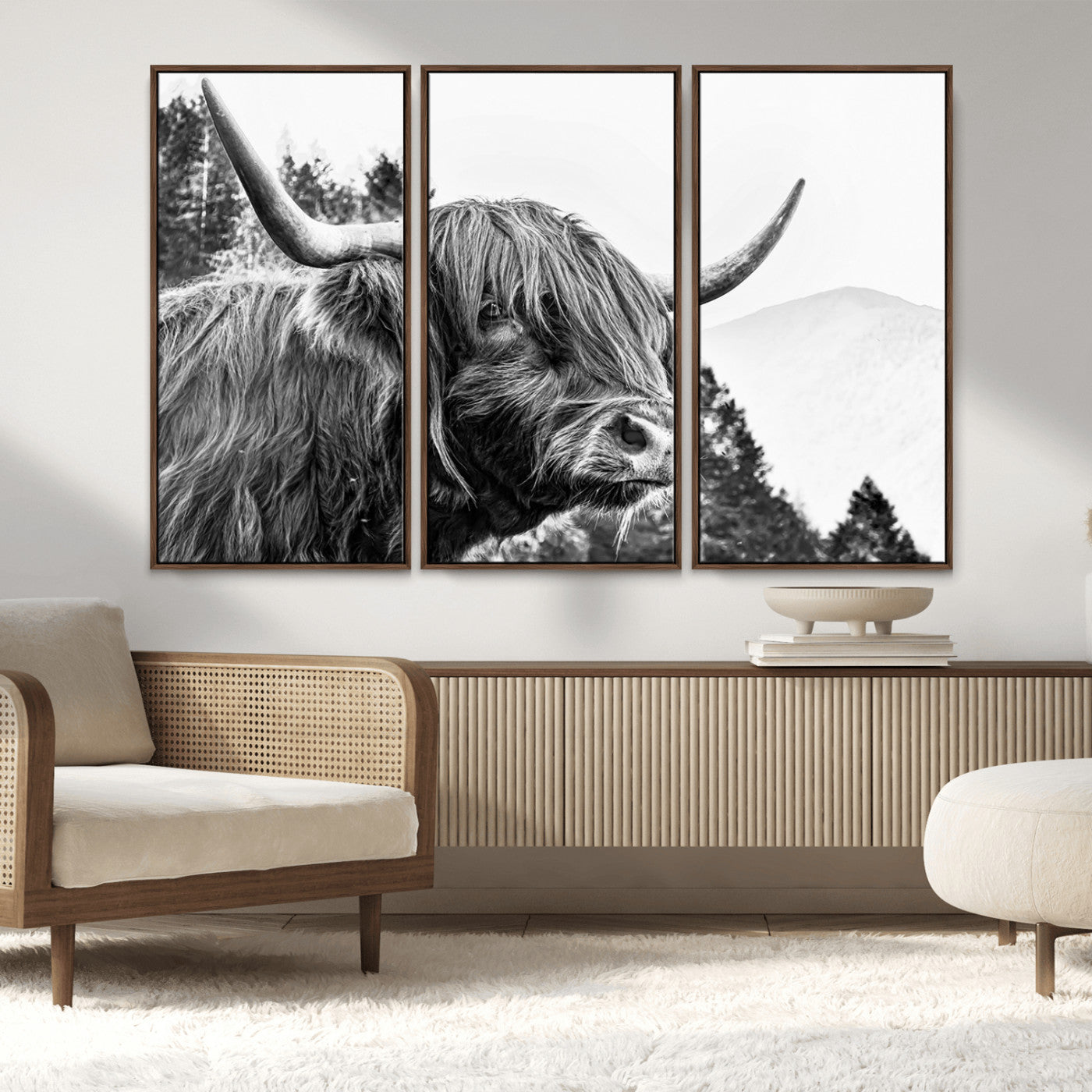 61570-MGV-FC-48X32-3P_Walnut-Highland Cow Wall Art – Black and White Scottish Bull Canvas Print, Rustic Farmhouse Animal Decor for Living Room, Bedroom, or