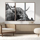 61570-MGV-FC-48X32-3P_Walnut-Highland Cow Wall Art – Black and White Scottish Bull Canvas Print, Rustic Farmhouse Animal Decor for Living Room, Bedroom, or