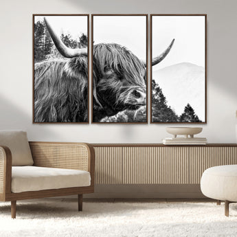 61570-MGV-FC-48X32-3P_Walnut-Highland Cow Wall Art – Black and White Scottish Bull Canvas Print, Rustic Farmhouse Animal Decor for Living Room, Bedroom, or