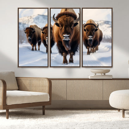 56701-MGV-CV-36X24-Bison Herd Wall Art – Buffalo Walking in Snowy Mountains Canvas Print, Rustic Wildlife Decor for Cabin, Lodge, or Living Room