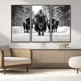 45287-MGV-FC-48X32-3P_Walnut-Bison Herd Wall Art – Black and White Buffalo Snow Road Canvas Print, Rustic Wildlife Decor for Cabin, Lodge or Living Room
