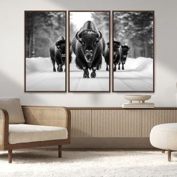 45287-MGV-FC-48X32-3P_Walnut-Bison Herd Wall Art – Black and White Buffalo Snow Road Canvas Print, Rustic Wildlife Decor for Cabin, Lodge or Living Room