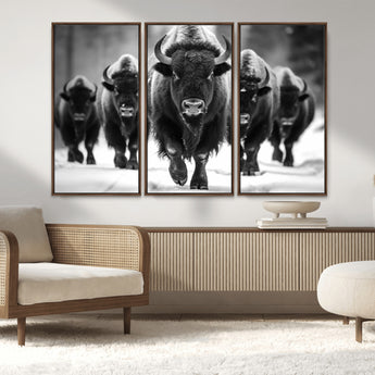 79872-MGV-CV-36X24-Bison Herd Wall Art – Black and White Buffalo on Snow Canvas Print, Rustic Wildlife Decor for Lodge, Cabin, or Living Room