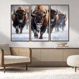 80512-MGV-CV-36X24-Bison Herd Wall Art – Buffalo Running in Snow Canvas Print, Rustic Wildlife Photography Decor for Cabin, Lodge, or Living Room