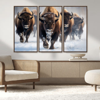 80512-MGV-CV-36X24-Bison Herd Wall Art – Buffalo Running in Snow Canvas Print, Rustic Wildlife Photography Decor for Cabin, Lodge, or Living Room
