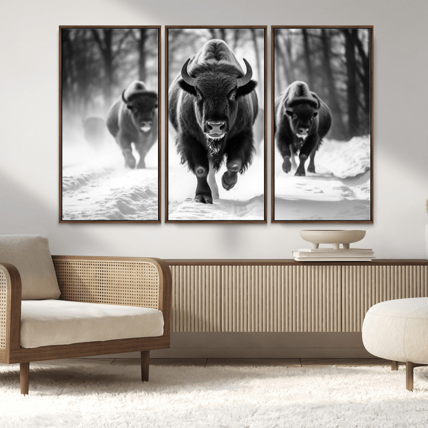 97552-MGV-FC-48X32-3P_Walnut-Black and White Bison Wall Art – Buffalo Herd Running in Snow Canvas Print, Rustic Wildlife Photography Decor for Cabin, Lodge, or