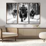 97552-MGV-CV-36X24-Black and White Bison Wall Art – Buffalo Herd Running in Snow Canvas Print, Rustic Wildlife Photography Decor for Cabin, Lodge, or