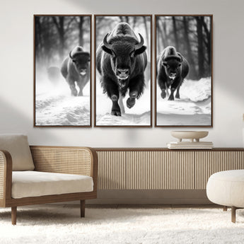 97552-MGV-CV-36X24-Black and White Bison Wall Art – Buffalo Herd Running in Snow Canvas Print, Rustic Wildlife Photography Decor for Cabin, Lodge, or