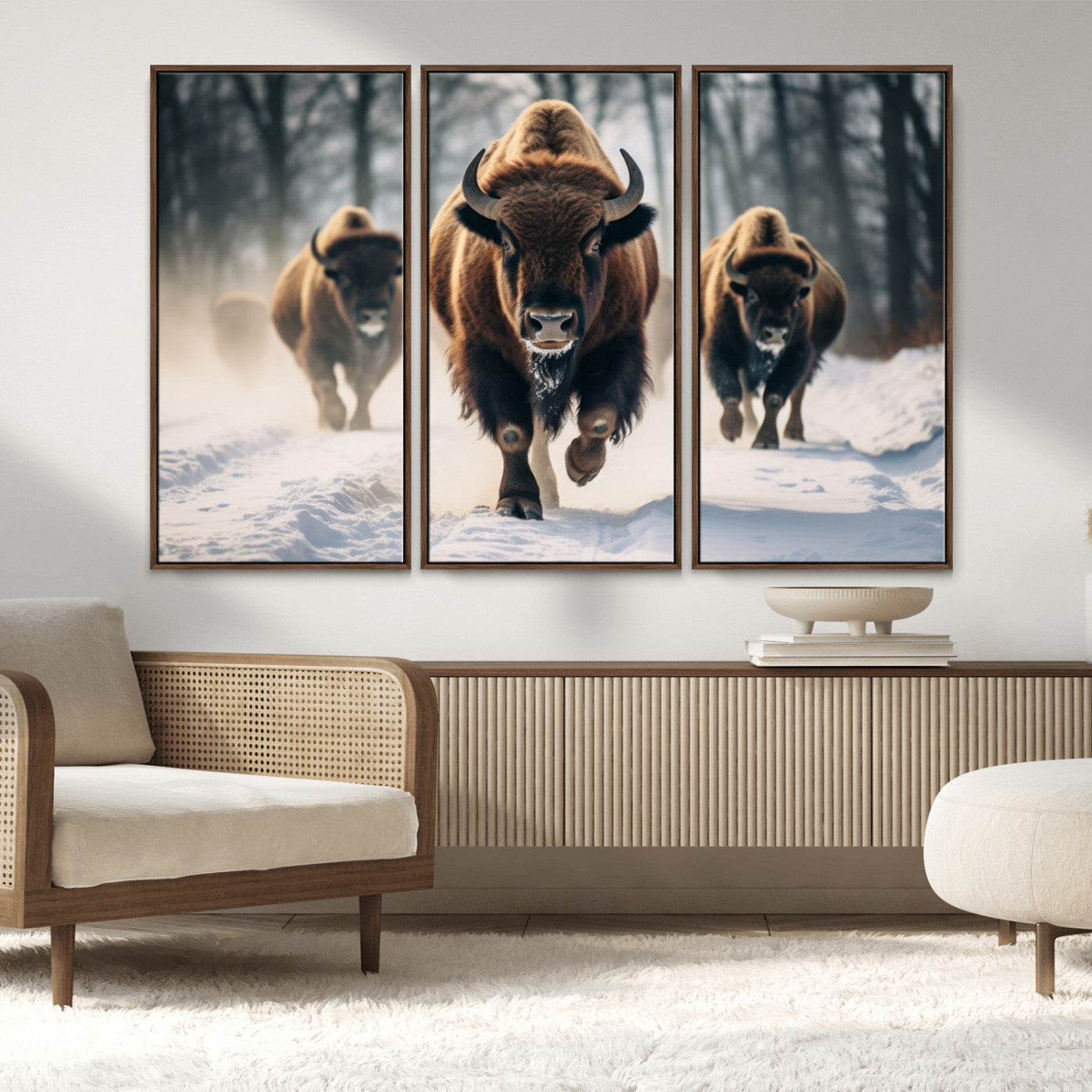 56549-MGV-CV-36X24-Wild Bison Wall Art – Majestic Buffalo Herd Running in Snow Canvas Print, Rustic Wildlife Photography Decor for Cabin, Lodge, or