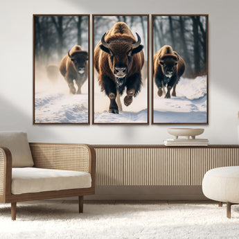 56549-MGV-CV-36X24-Wild Bison Wall Art – Majestic Buffalo Herd Running in Snow Canvas Print, Rustic Wildlife Photography Decor for Cabin, Lodge, or