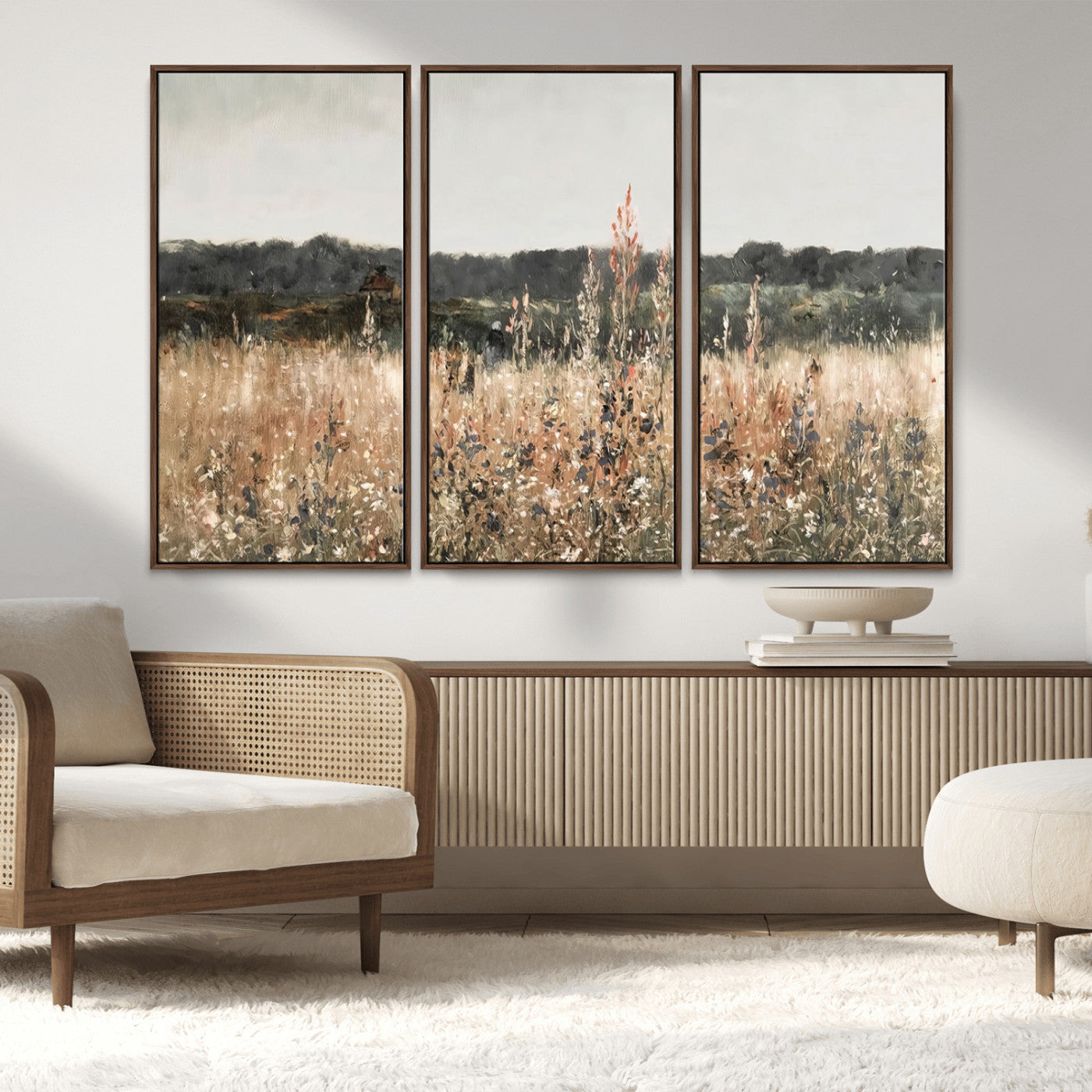 46308-MGV-FC-48X32-3P_Walnut-Wildflower Field Wall Art – Rustic Meadow Landscape Canvas Print, Country Nature Decor for Living Room, Bedroom or Farmhouse