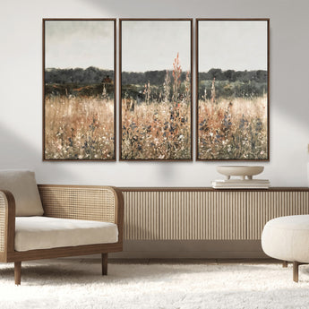 46308-MGV-FC-48X32-3P_Walnut-Wildflower Field Wall Art – Rustic Meadow Landscape Canvas Print, Country Nature Decor for Living Room, Bedroom or Farmhouse