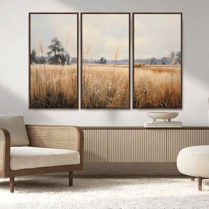 38193-MGV-FC-48X32-3P_Walnut-Golden Meadow Wall Art – Serene Grassland Landscape Canvas Print, Rustic Nature Decor for Bedroom, Living Room or Farmhouse