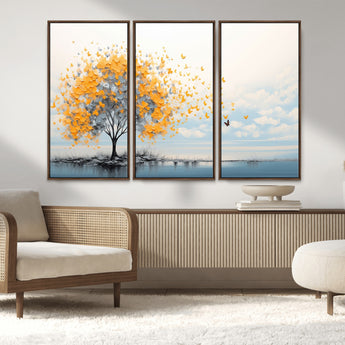 23385-MGV-FC-48X32-3P_Walnut-Golden Butterfly Tree Wall Art – Abstract Yellow and Gray Canvas Print, Modern Nature Artwork for Living Room, Bedroom or Office
