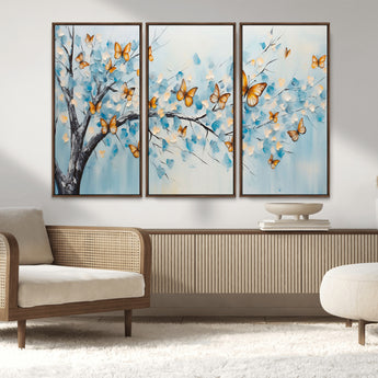 59455-MGV-FC-48X32-3P_Walnut-Butterfly Tree Branch Wall Art – Blue and Yellow Abstract Canvas Print, Modern Nature Artwork for Living Room, Bedroom or Office