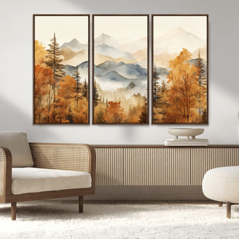 72950-MGV-FC-48X32-3P_Walnut-Autumn Mountain Forest Wall Art – Golden Fall Landscape Canvas Print, Nature-Inspired Home Decor for Living Room, Bedroom or