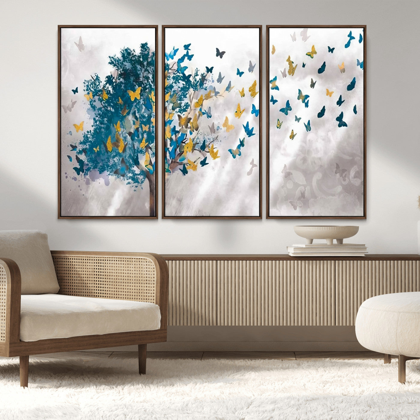 37564-MGV-CV-36X24-Butterfly Tree Wall Art – Modern Nature Canvas Print with Blue and Golden Butterflies, Elegant Decorative Painting for Living Room