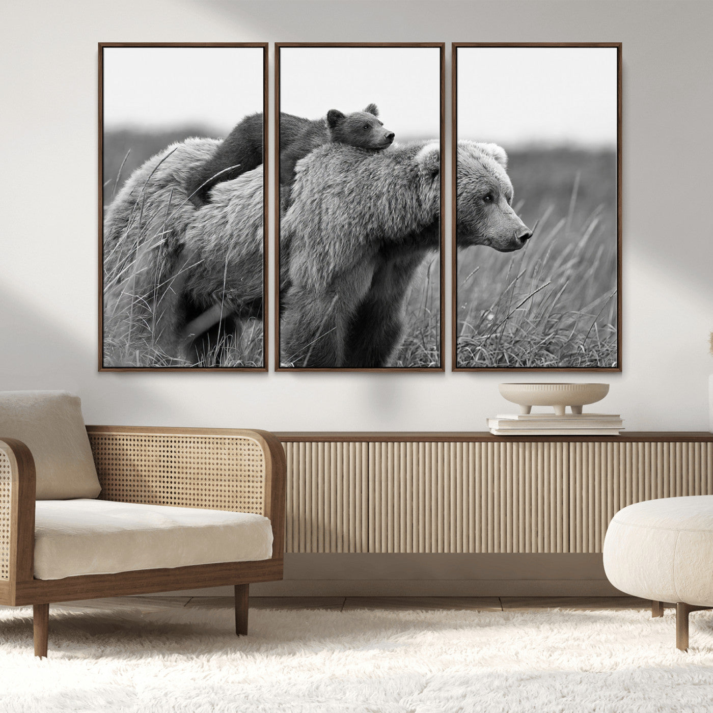 76338-MGV-CV-36X24-Mother Bear and Cub Wall Art – Black and White Wildlife Canvas Print, Rustic Nature Photography for Cabin, Living Room or Office