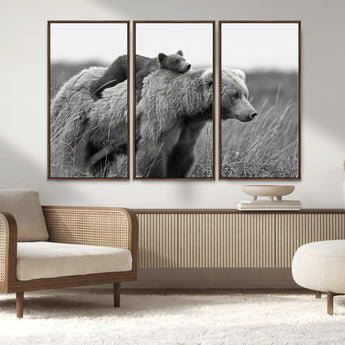 76338-MGV-CV-36X24-Mother Bear and Cub Wall Art – Black and White Wildlife Canvas Print, Rustic Nature Photography for Cabin, Living Room or Office