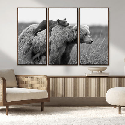 76338-MGV-CV-36X24-Mother Bear and Cub Wall Art – Black and White Wildlife Canvas Print, Rustic Nature Photography for Cabin, Living Room or Office