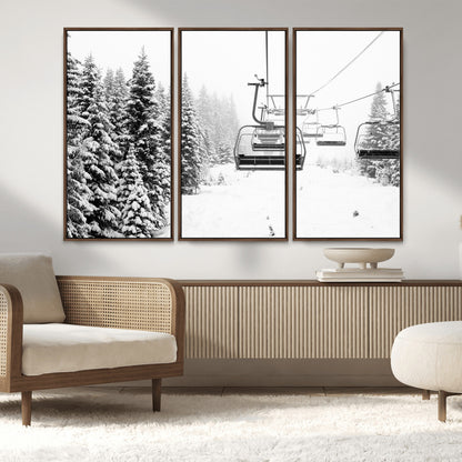 70609-MGV-FC-48X32-3P_Walnut-Snowy Ski Lift Wall Art – Black and White Winter Mountain Landscape Canvas Print, Rustic Lodge Decor for Cabin, Living Room or
