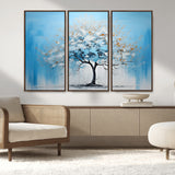 25021-MGV-FC-48X32-3P_Walnut-Abstract Tree Wall Art – Blue and White Canvas Painting with Gold Accents, Modern Nature-Inspired Artwork for Living Room, Bedroom