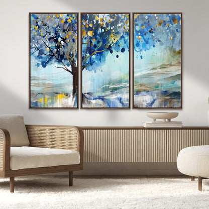 17018-MGV-FC-48X32-3P_Walnut-Abstract Blue Tree Wall Art – Colorful Canvas Painting with Gold and Silver Accents, Modern Nature Artwork for Living Room,