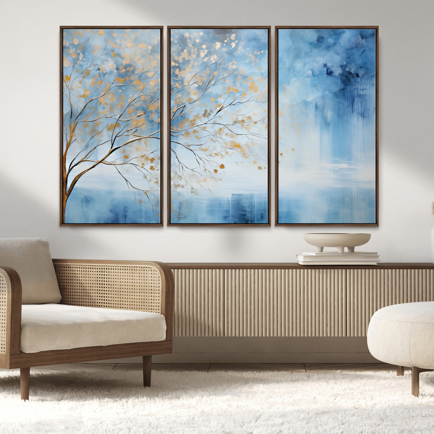 23891-MGV-CV-36X24-Abstract Tree Wall Art – Minimalist Blue and Gold Canvas Painting, Elegant Nature-Inspired Artwork for Living Room, Bedroom or