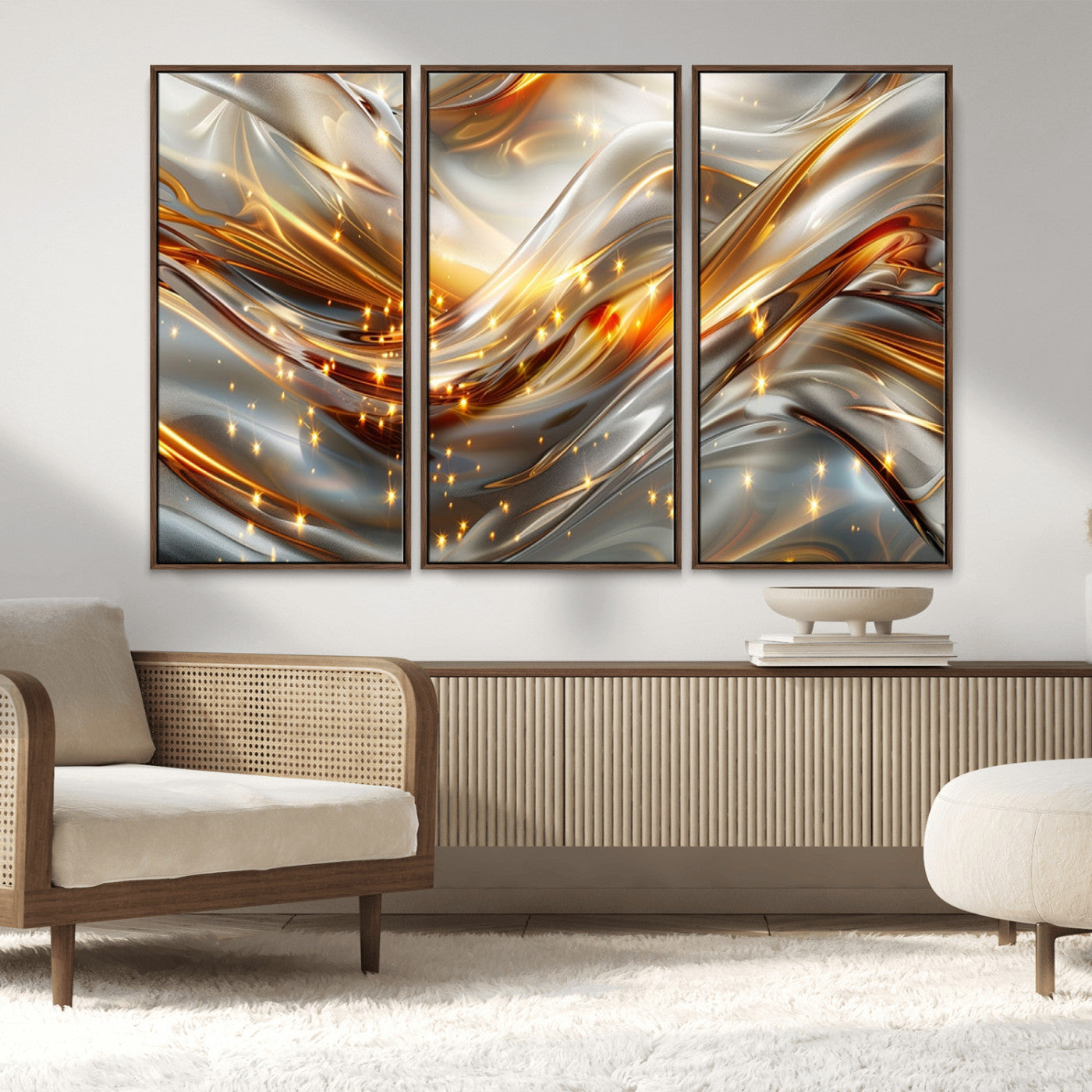 Lines1-MGV-FC-48X32-3P_Walnut-Abstract Metallic Wall Art – Silver and Gold Wave Canvas Print with Sparkling Accents, Modern Luxury Decor for Living Room, Office